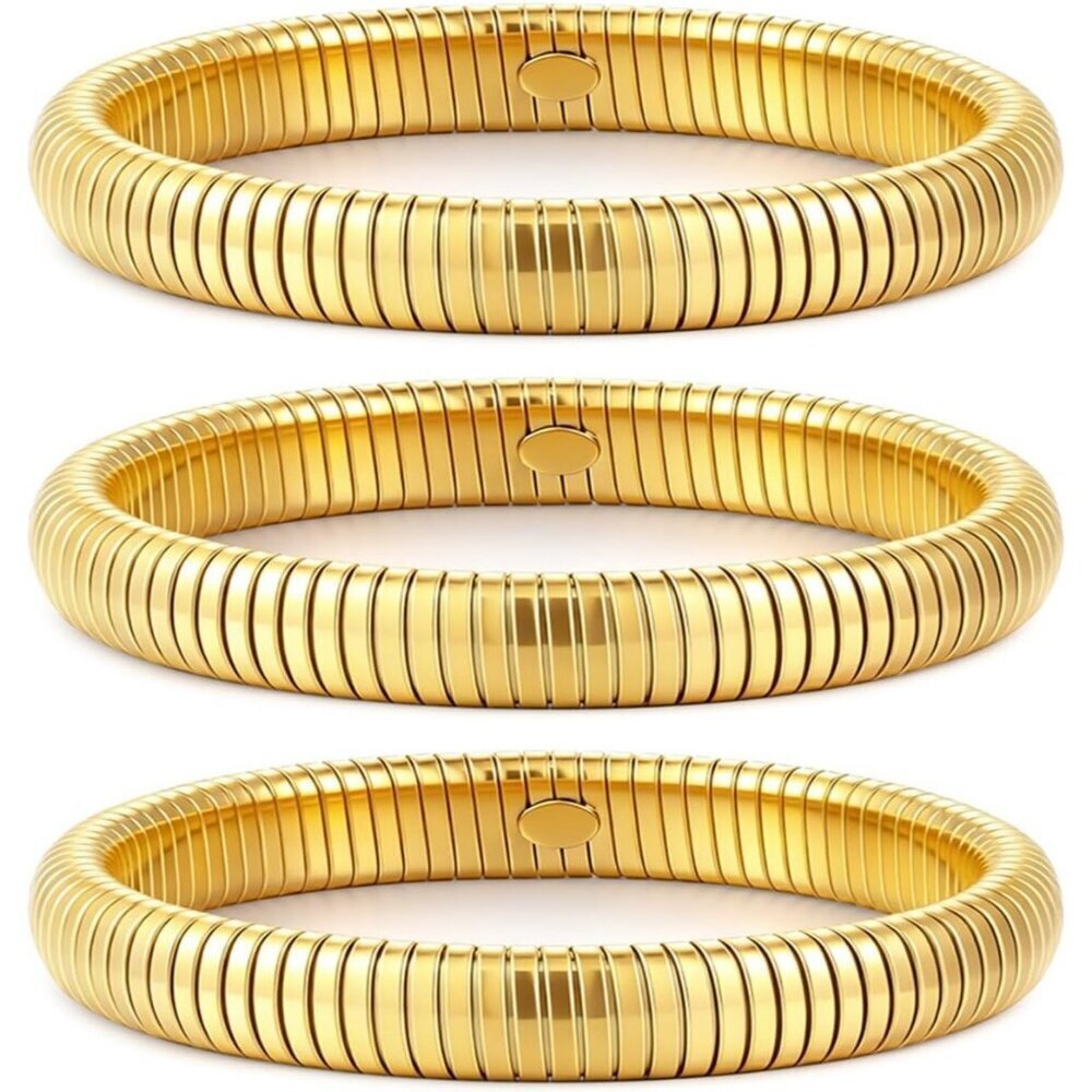 Set of 3 Gold Bangles for Women - 24K Gold Plated Stretch & Chunky Bracelets
